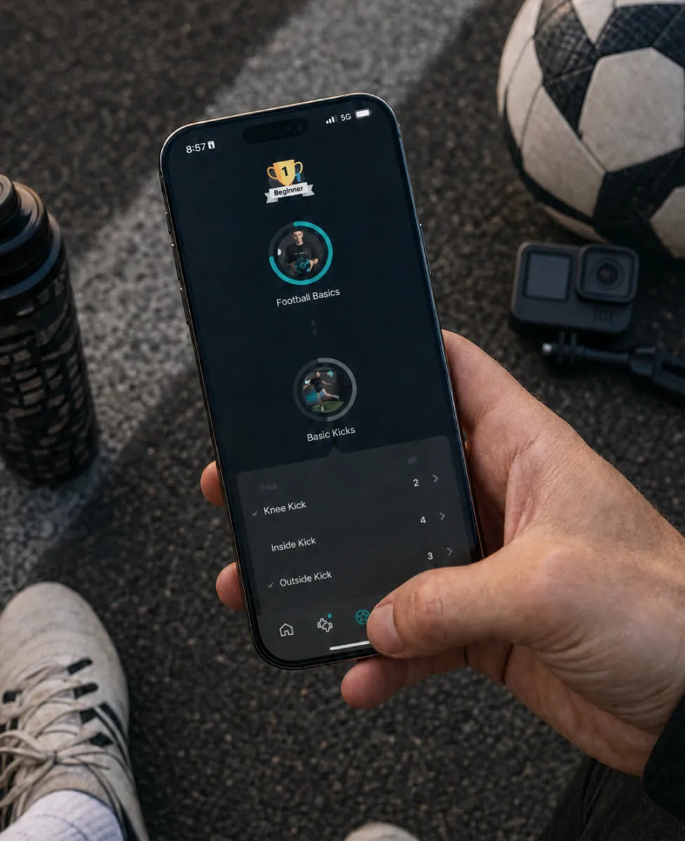 SkillAddicts app mockup showing a football trick ladder on a phone held beside a football and action camera.