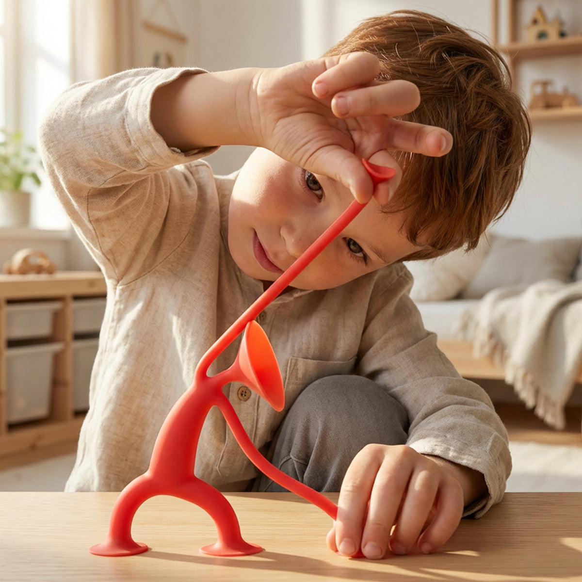 A child stretches the red silicone arm of an Oogi figure. Image courtesy of MOLUK.