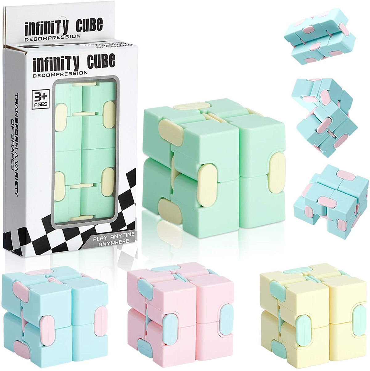 Pastel folding cube fidgets shown open and closed beside an Infinity Cube box