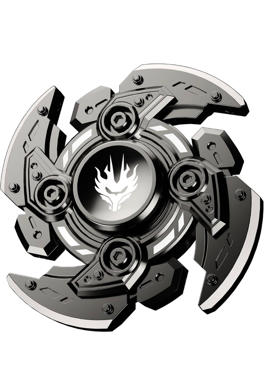 Open-Armor metal fidget spinner with silver and black segmented arms and a central flame emblem