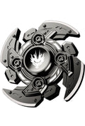Open-Armor metal fidget spinner with silver and black segmented arms and a central flame emblem