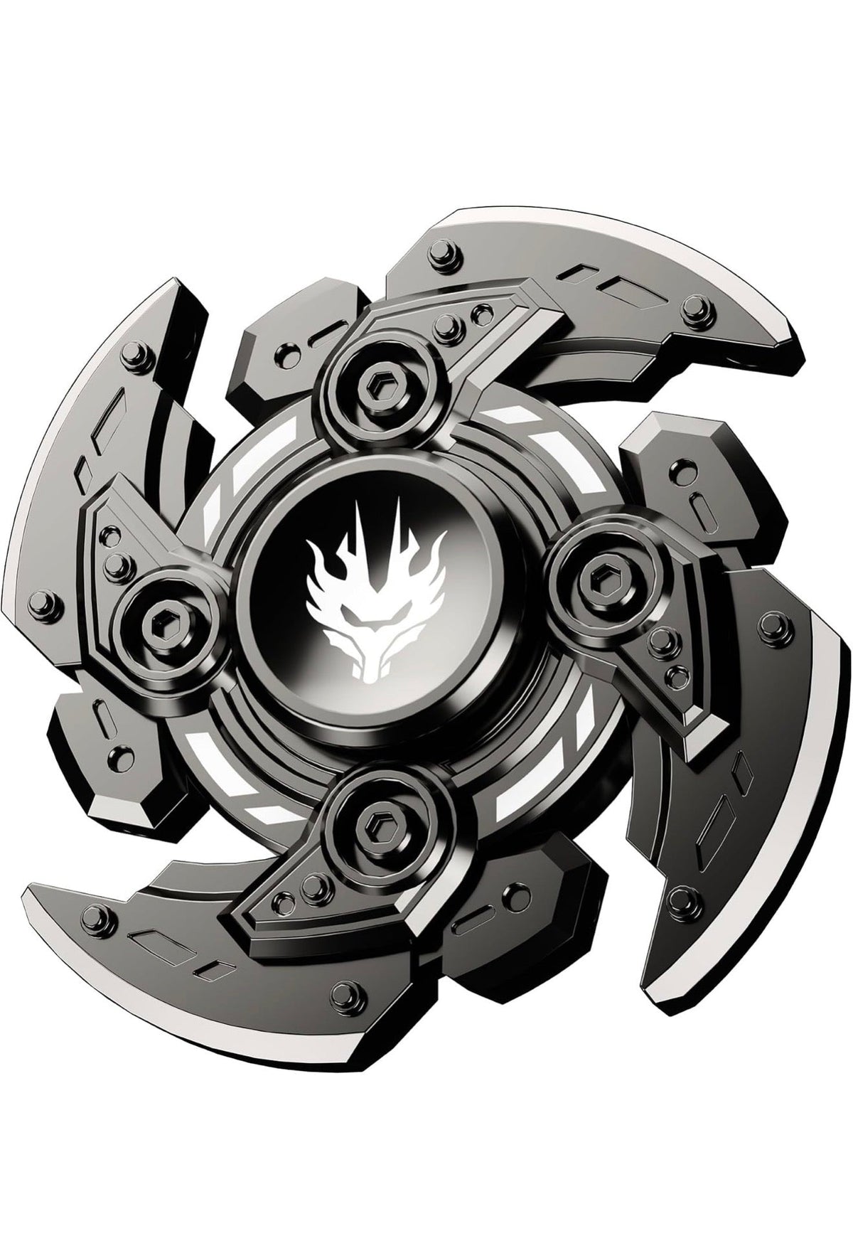 Open-Armor metal fidget spinner with silver and black segmented arms and a central flame emblem