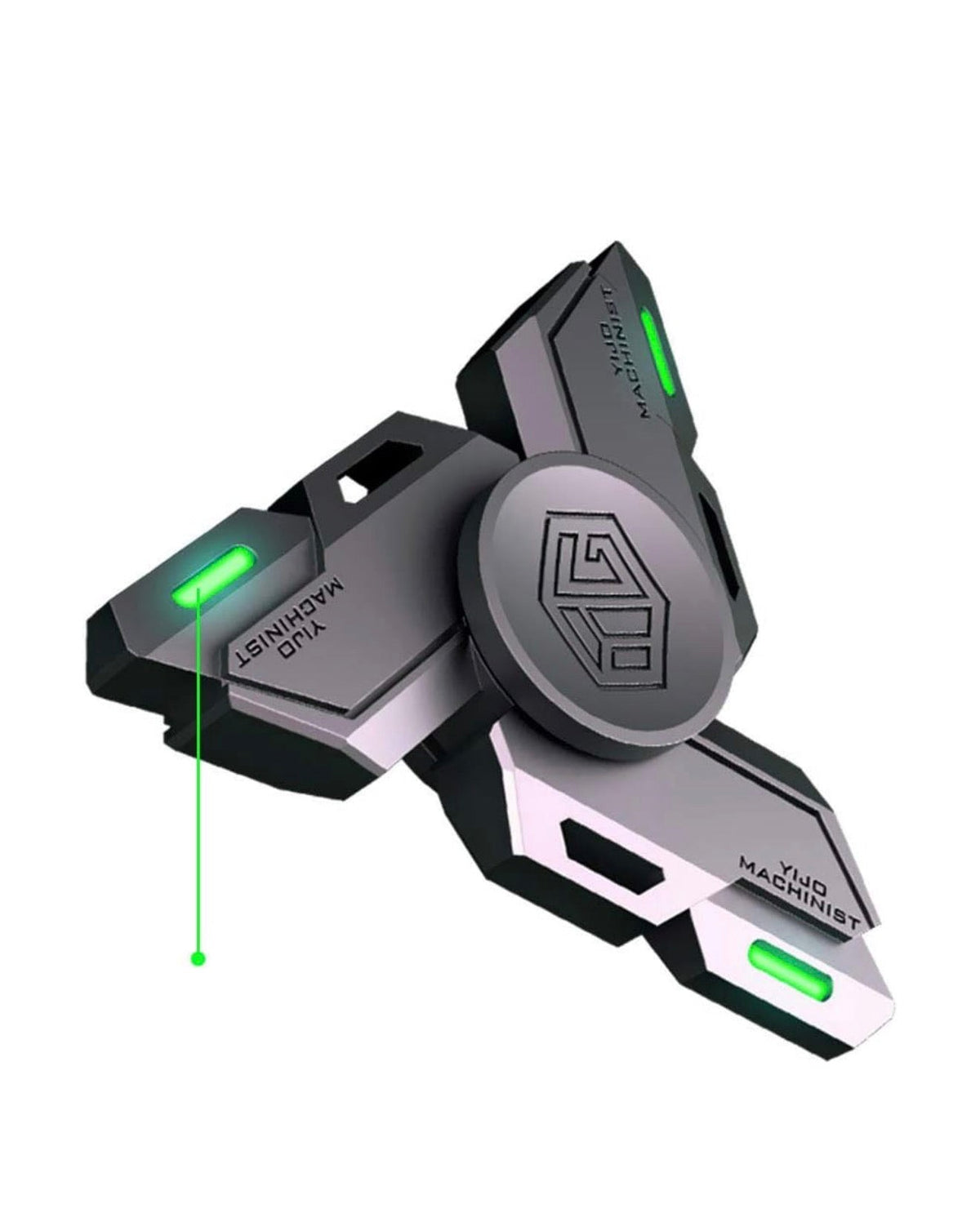 Black three-blade metal spinner with green glow-in-the-dark insets