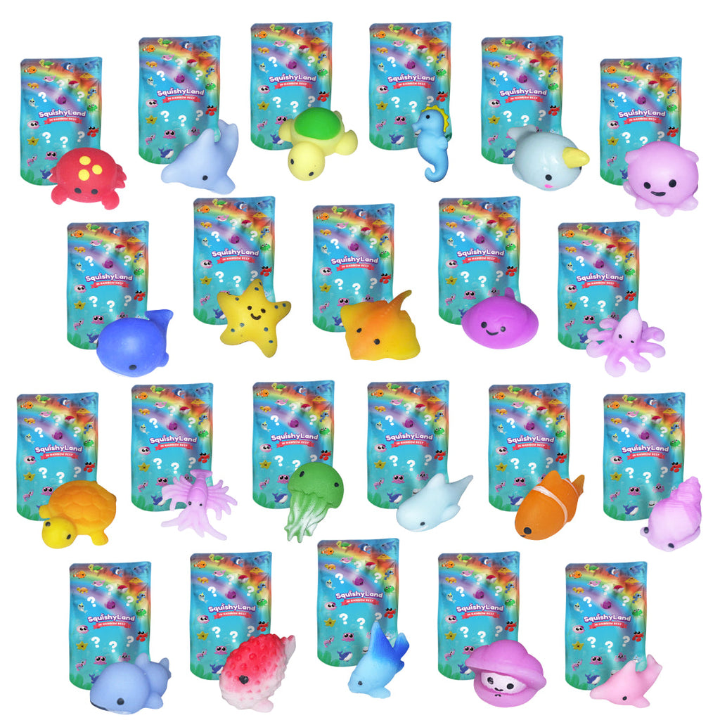 Colorful sea-animal mini squishies with individually wrapped bags