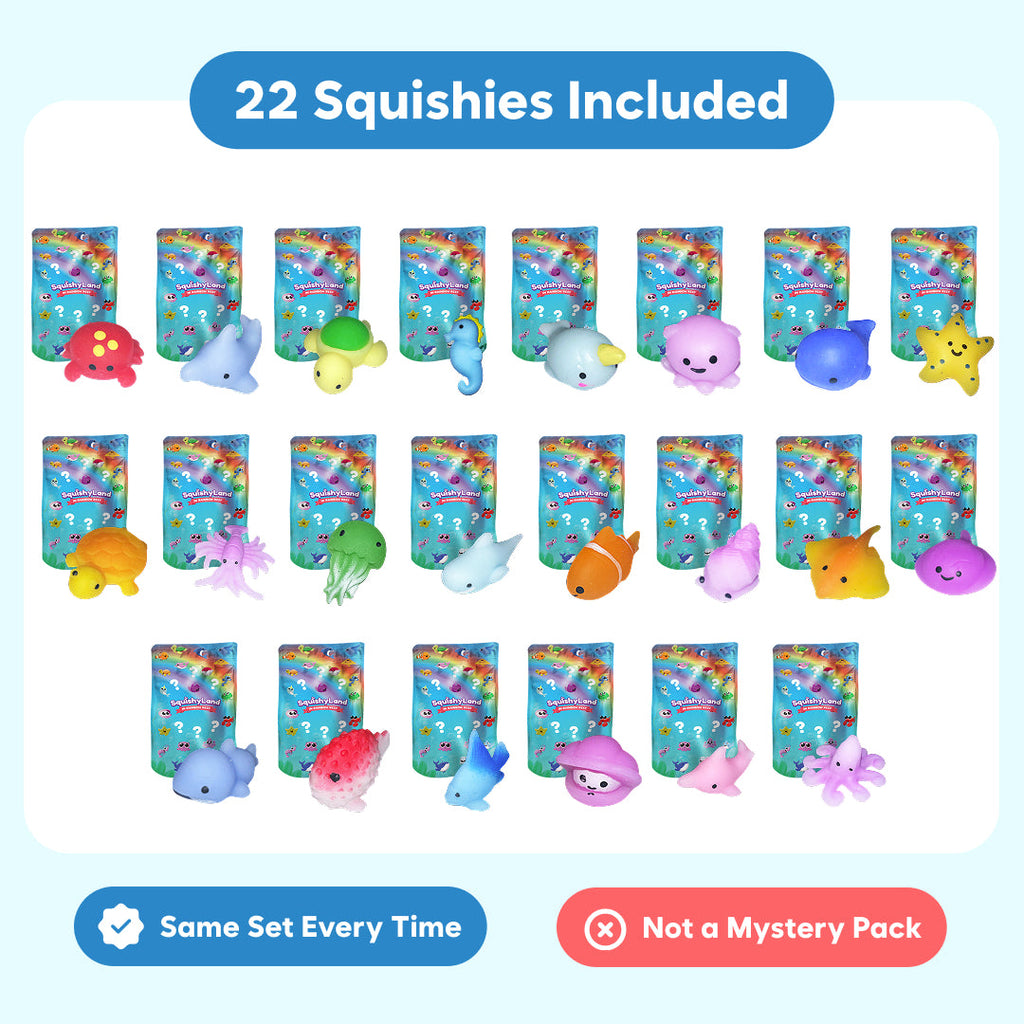 22-piece sea-animal squishy set graphic stating same set every time and not a mystery pack