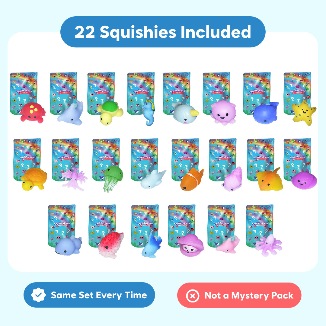22-piece sea-animal squishy set graphic stating same set every time and not a mystery pack