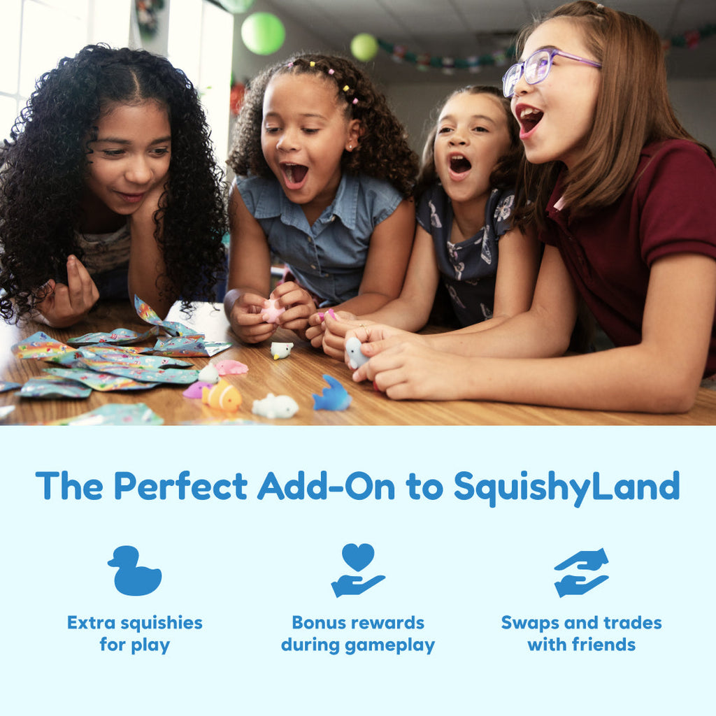 Children opening mini squishy bags at a table, with a graphic about SquishyLand add-on play