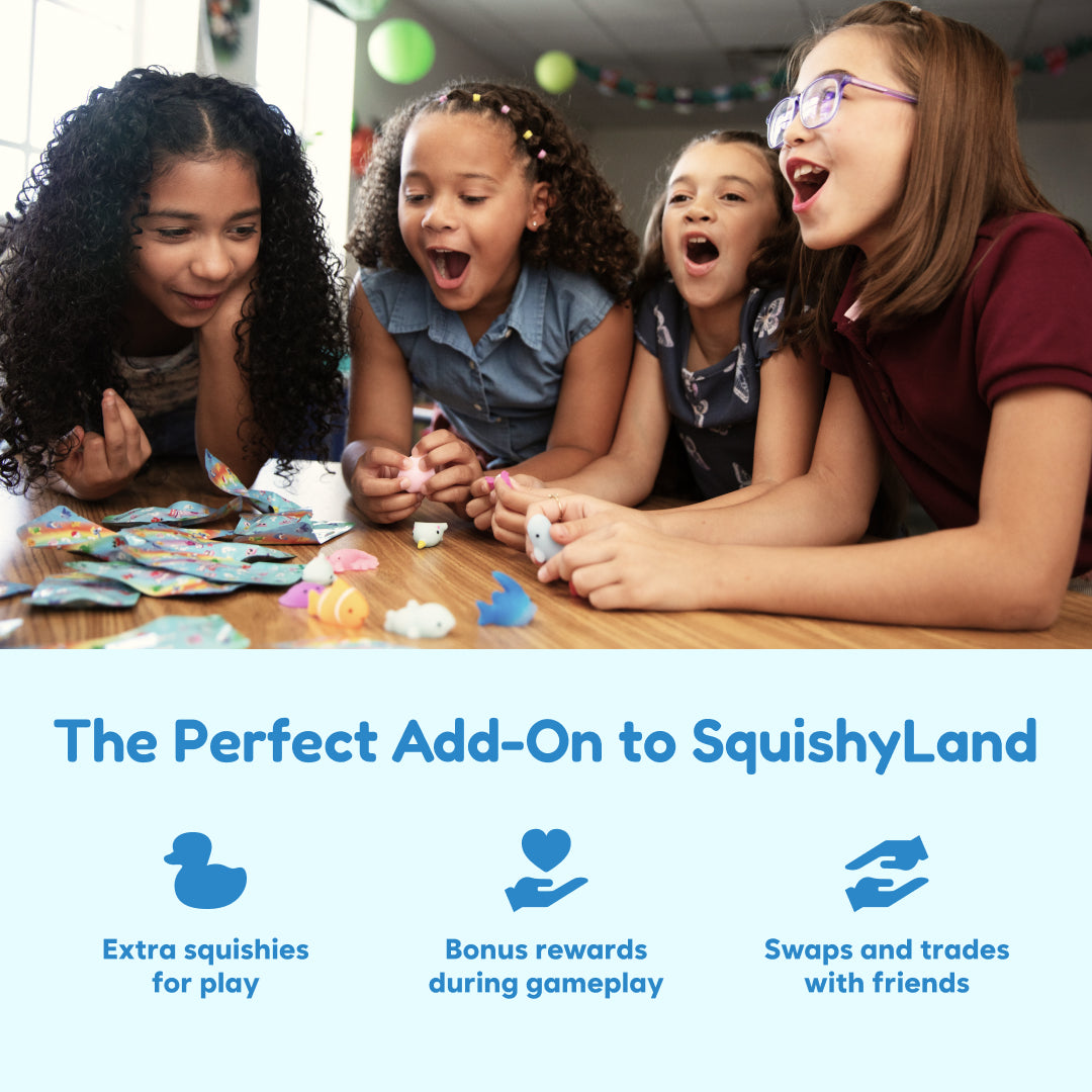Children opening mini squishy bags at a table, with a graphic about SquishyLand add-on play