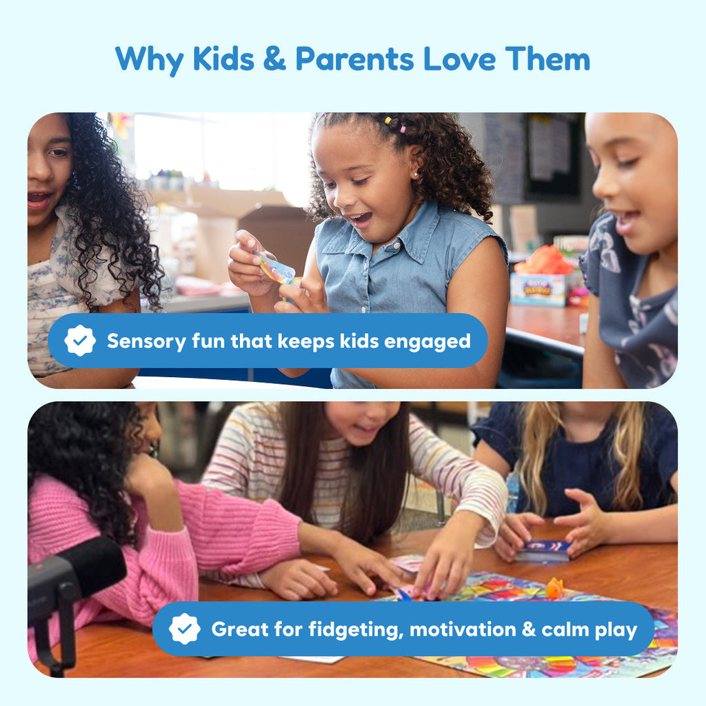 Supplier graphic showing children opening squishy bags and playing together at a table
