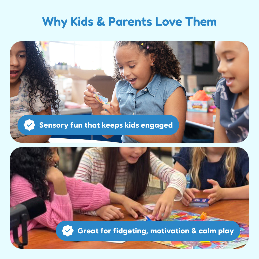 Supplier graphic showing children opening squishy bags and playing together at a table