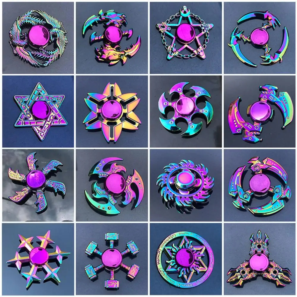 Grid of rainbow-finish metal spinners in varied geometric and dragon-shaped designs