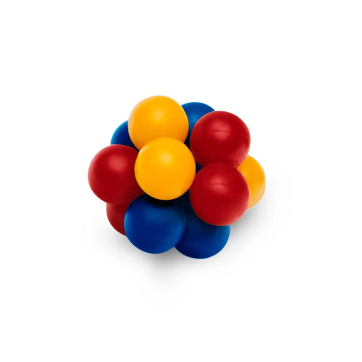 Cluster of red, yellow and blue beads arranged into a compact ball