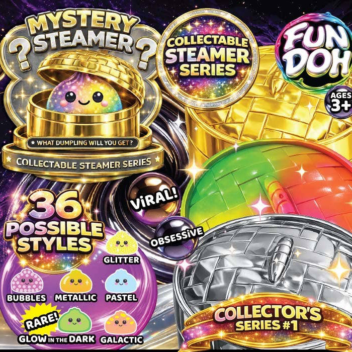 Fun Doh Mystery Steamer collectible dumpling packaging with colorful squishies and steamer containers