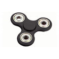 Black three-arm fidget spinner with a round center grip and black-and-silver bearings