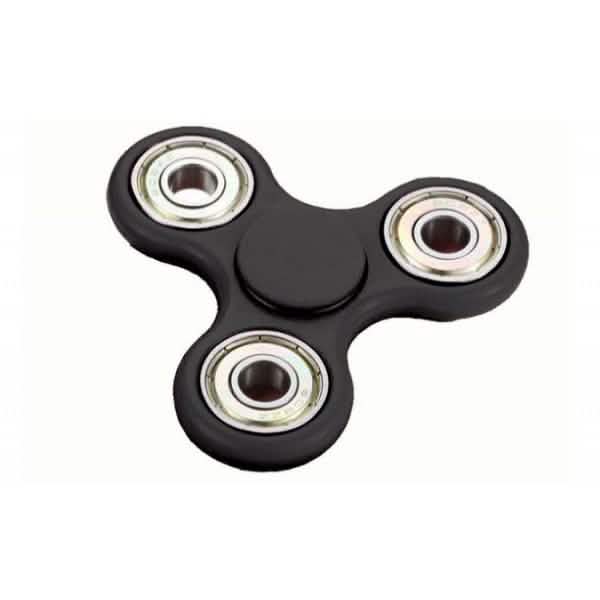 Black three-arm fidget spinner with a round center grip and black-and-silver bearings