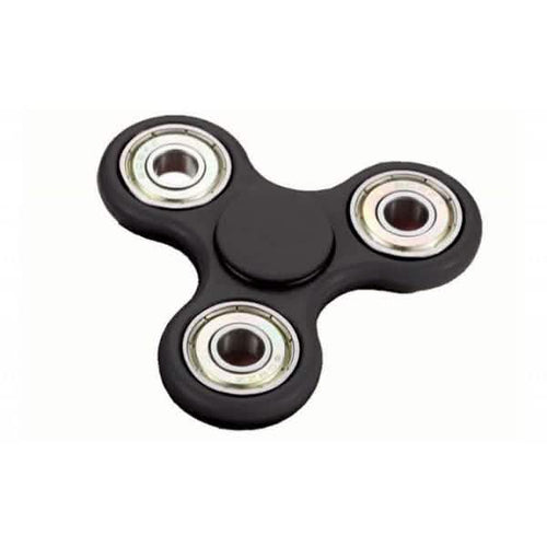 Black three-arm fidget spinner with a round center grip and black-and-silver bearings