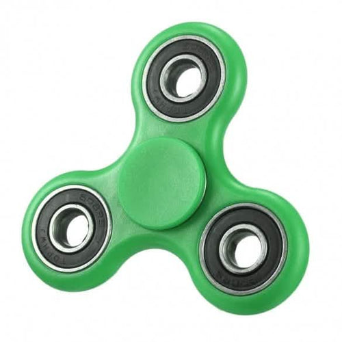 Green three-arm fidget spinner with a round center grip and black-and-silver bearings